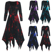 Gothic Tie-dye Dress Lace Up Long Sleeve Drree For Women Polyester Fabric Irregular Hem Performance Dress Halloween Costumes