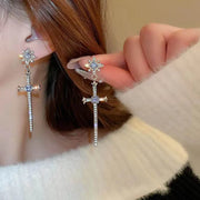 Gothic Cross Pearl Dangle Earrings for Women Elegant Tassels Sparkling Zircon Rhinestone Romantic Ear Accessorie Fashion Jewelry