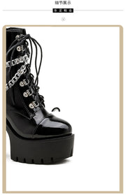 2025 Women's Black Gothic High Heel Ankle Boots Sexy Chain Punk Style Patent Leather Platform Boots Lace Up Motorcycle Boots