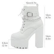 Gdgydh Women's Chain Decor Block Heeled Boots Fashion Lace Up Side Zipper Platform Boots Stylish Ankle Boots High Heels