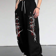 Men's Gothic Dark Style Black and Red Printed Jogging Pants Loose Straight Leg Pants Gothic Street Style Geometric Patterns