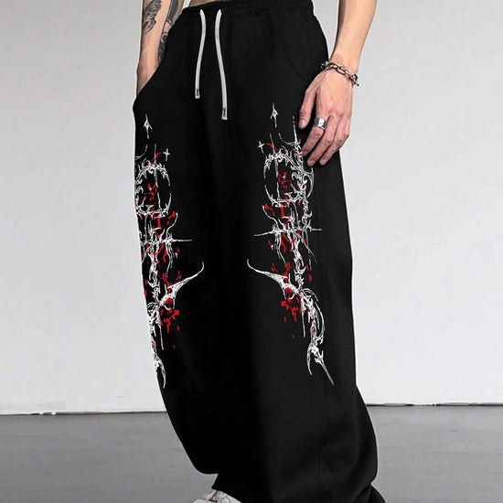 Men's Gothic Dark Style Black and Red Printed Jogging Pants Loose Straight Leg Pants Gothic Street Style Geometric Patterns