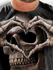 Men's Casual T-Shirt, Gothic Skull Heart Hands Graphic Black Short Sleeve Crew Neck Tee Cool Streetwear Halloween Fashion Top