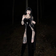 Goth Dark Punk Grunge Lace Up Maxi Dress 90s Streetwear Gown Women Sexy Bandage Velvet Dresses Y2k New Harajuku Gothic Clothing