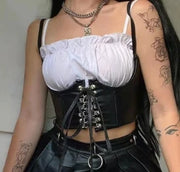 Women Corset Waist Support Gothic PU Leather Crop Top Lace-up Bandage Waist Bodyshaper Decorative Corset Women  Accessory