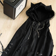 Gothic Subculture Black Lace Loose Hoodie Women's Autumn Aesthetic Lovely Long Sleeve Hooded Coat Casual Warm Winter Overcoat