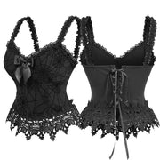 ROSEGAL Gothic Corset Black Spider Web Flocking Applique Lace Trim Bowknot Lace-up Back Corset Tops For Ladies