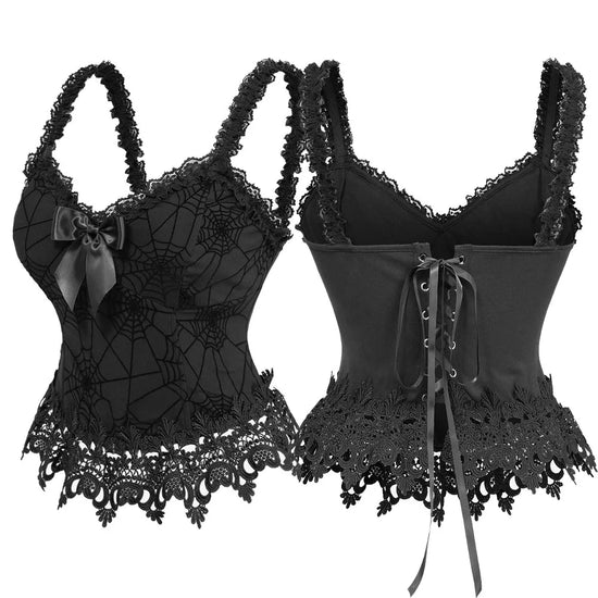 ROSEGAL Gothic Corset Black Spider Web Flocking Applique Lace Trim Bowknot Lace-up Back Corset Tops For Ladies