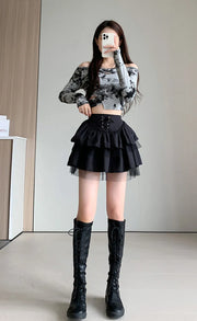 Korean Fashion High Waist Cake Skirts Women Sexy Gothic Punk Black Y2K Skirts Female Lace-Up Students Ruffles A-Line Skirt