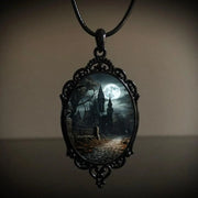Gothic Horror Cameo Necklace Women Man Witch Jewelry Accessories Bat Castle Crow Black Cat Pumpkin Charm Rope Chain Choker Trend