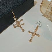 Gothic Cross Pearl Dangle Earrings for Women Elegant Tassels Sparkling Zircon Rhinestone Romantic Ear Accessorie Fashion Jewelry