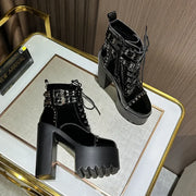 14CM Ankle Knight Boots High Heels Shoes For Nightclub Thick Heel Platform Boots Cool Black Punk Girls Footwear High Quality