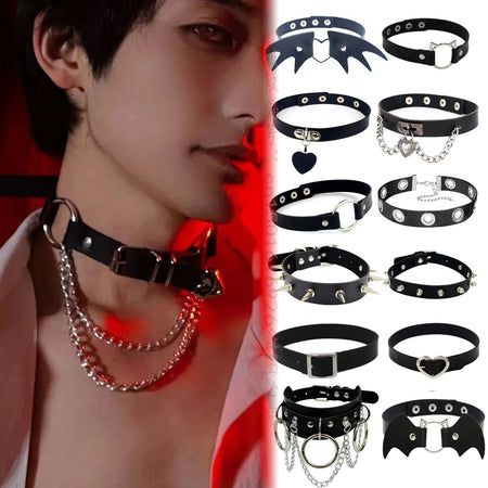 Choker Collar Necklace Woman Black Punk Sexy PU Leather Heart Lock Key Spike Chocker Gothic Cosplay Accessories Party Jewelry