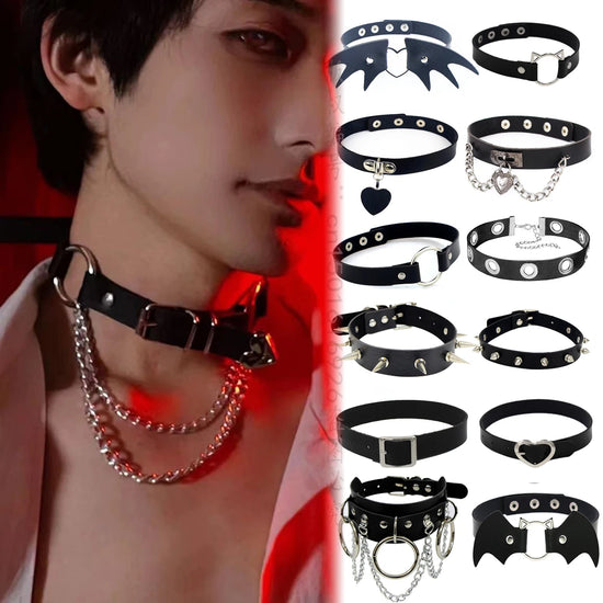 Choker Collar Necklace Woman Black Punk Sexy PU Leather Heart Lock Key Spike Chocker Gothic Cosplay Accessories Party Jewelry
