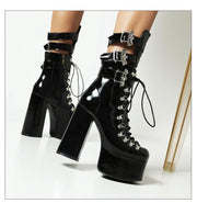 Gothic Style Black Platform Boots Bat Wings Sexy Clube Night Modern Boots Women Mid Calf Ankel Buckle Strap Plus Size 46