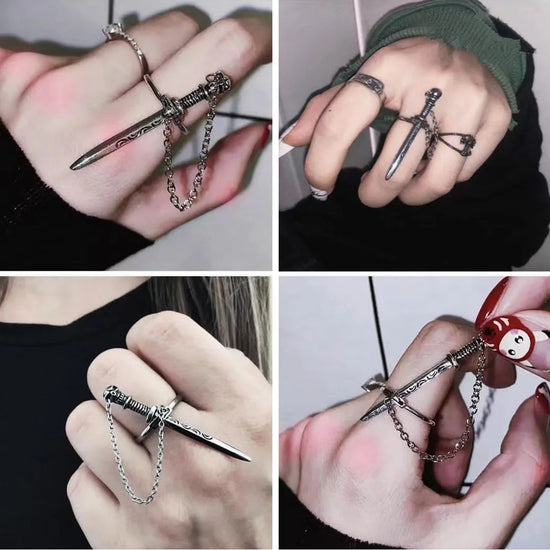 Gothic Dark Crossing Swords Ring Female Ins Style Creative Personality Chain Tassel Skeleton Ring Vintage Antique Silver Rings