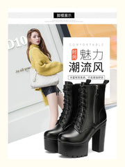 14cm Small Size 32-43 Fashion Genuien Leather Boots Fall 2025 Block High Heels Shoes Chunky Platform Short Ankle Boots Model