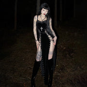 Goth Dark Punk Grunge Lace Up Maxi Dress 90s Streetwear Gown Women Sexy Bandage Velvet Dresses Y2k New Harajuku Gothic Clothing