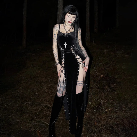 Goth Dark Punk Grunge Lace Up Maxi Dress 90s Streetwear Gown Women Sexy Bandage Velvet Dresses Y2k New Harajuku Gothic Clothing