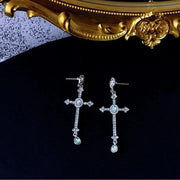 Gothic Cross Pearl Dangle Earrings for Women Elegant Tassels Sparkling Zircon Rhinestone Romantic Ear Accessorie Fashion Jewelry