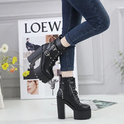 14CM Women Chunky Ankle Boots Leather cosplay Round Toe Platform Knight Boots Shoes High Heels Black White Thick Heel Lace Up