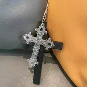 Gothic Punk Large Wood Cross Pendant Necklace Y2k 3D Relief Flower Metal Cross Double Pendant Necklace Jewelry Gifts Accessories