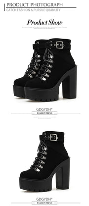 Lace Up Women Boots Platform Buckle Boot Winter Shoes Thick Heel Autmn Boots With Zipper Ankle Strap Black Suede Gothic