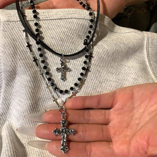 Gothic Punk Y2K Black Cross Pendant Necklace for Women Men 2025 Vintage Multi Layer Bead Necklaces 90s EMO Charm Jewelry Gifts