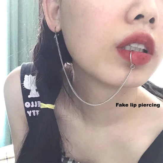 1Lot Goth Fake Lip Piercing Chain Ear Piercing Anime Cosplay Prop Jewelry Stainless Steel Ear Hoop Clip No Pierced Punk Harajuku
