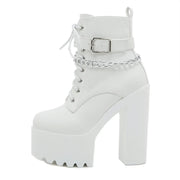 Women's Chain Decor Block Heeled Boots Fashion Lace Up Side Zipper Platform Boots Stylish Ankle Boots High Heels