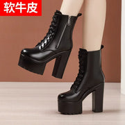 14cm Small Size 32-43 Fashion Genuien Leather Boots Fall 2025 Block High Heels Shoes Chunky Platform Short Ankle Boots Model