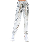 Women's Mid Waist Solid Colour Shiny Glossy Sweatpants Nine Minute Pants Fashion hip-hop trousers Disco Bottoms