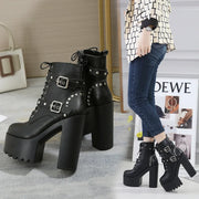 14CM Women Chunky Ankle Boots Leather cosplay Round Toe Platform Knight Boots Shoes High Heels Black White Thick Heel Lace Up
