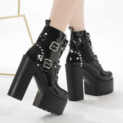 14CM Women Chunky Ankle Boots Leather cosplay Round Toe Platform Knight Boots Shoes High Heels Black White Thick Heel Lace Up