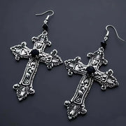 Goth Large Detailed Cross Black Drill Jewel Earrings Silver Color Gothic Punk Jewellery Fashion Gorgeous Statement Women Gift