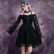Gothic Punk Girls Midi Dress Sexy Lace Patchwork Long Flare Sleeve Dress Women Harajuku Cold Shoulder Strappy Halloween Sundress