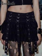 Black Women Punk High Waisted Goth Skirt Sexy Pleated Mini Skirt with Chain E Girl Lace-Up Tie PU Leather Corset Y2K Crop Tops