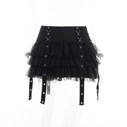 Black Women Punk High Waisted Goth Skirt Sexy Pleated Mini Skirt with Chain E Girl Lace-Up Tie PU Leather Corset Y2K Crop Tops