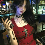 Gothic Punk Large Wood Cross Pendant Necklace Y2k 3D Relief Flower Metal Cross Double Pendant Necklace Jewelry Gifts Accessories