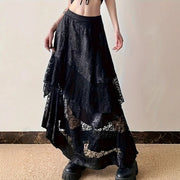 Gothic Vintage Black Midi Skirt Aesthetics Y2k Lace Irregular Skirt French Style Elegant Casual Skirt Woman Design Chic