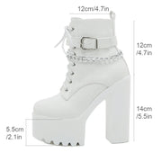 Women's Chain Decor Block Heeled Boots Fashion Lace Up Side Zipper Platform Boots Stylish Ankle Boots High Heels