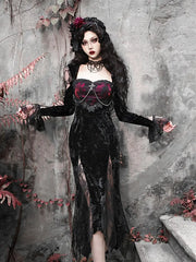 Dark Goth Elegant Mall Gothic Women Evening Dresses Grunge Aesthetic E-girl Velvet Midi Dress Lace Splice Sexy Split Alt Outfits