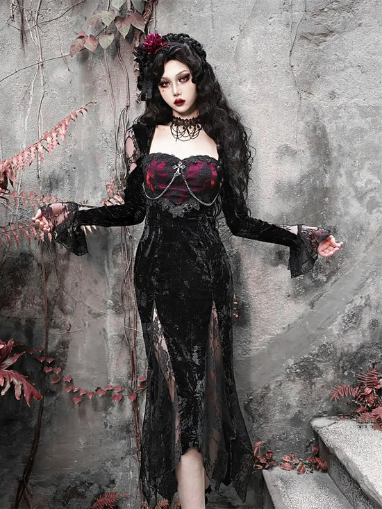Dark Goth Elegant Mall Gothic Women Evening Dresses Grunge Aesthetic E-girl Velvet Midi Dress Lace Splice Sexy Split Alt Outfits
