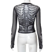 Gothic Punk Shirt 2000s Women Skeleton Pattern Round Neck Long Sleeve Crop Top Black Dark Academia Clothes y2k Tees Streetwear