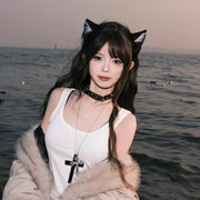 Gothic Punk Large Wood Cross Pendant Necklace Y2k 3D Relief Flower Metal Cross Double Pendant Necklace Jewelry Gifts Accessories