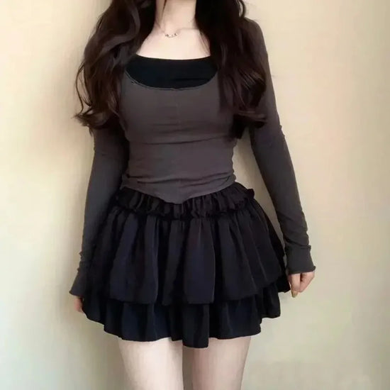 Summer Gothic Lace Tutu Skirt with Black Mesh Detail for Women Sexy Mini Tulle Skirt for Party Club Wear and Dance Elastic Waist