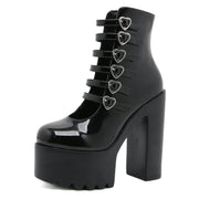 Gdgydh Block Heels Pumps for Women Fashion Multi Buckle Strap Heart Design Dress Shoes Side Zipper High Heels Mary Jane Shoes