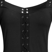 Gothic Punk Girls Midi Dress Sexy Lace Patchwork Long Flare Sleeve Dress Women Harajuku Cold Shoulder Strappy Halloween Sundress