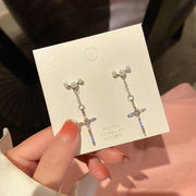 Gothic Cross Pearl Dangle Earrings for Women Elegant Tassels Sparkling Zircon Rhinestone Romantic Ear Accessorie Fashion Jewelry
