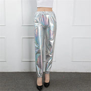 Women's Mid Waist Solid Colour Shiny Glossy Sweatpants Nine Minute Pants Fashion hip-hop trousers Disco Bottoms